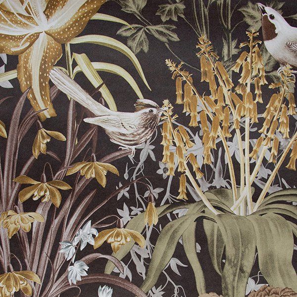 a painting of flowers and birds on a black background
