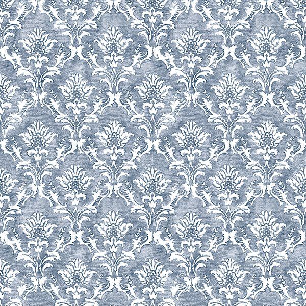 a seamless blue and white damask pattern on a white background .