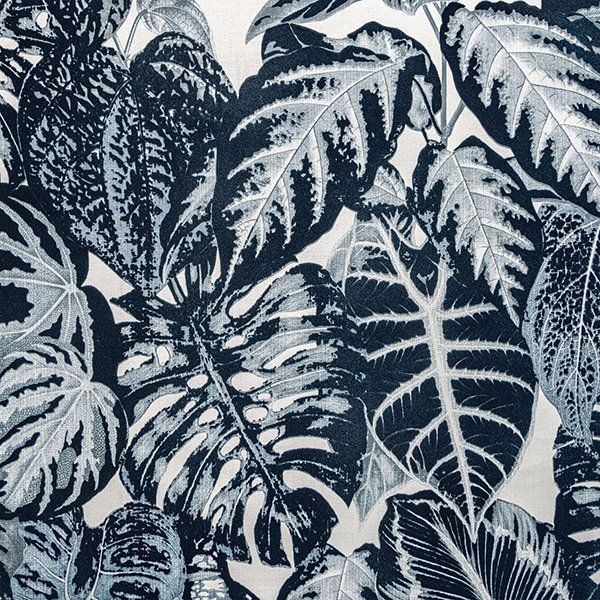 a black and white painting of tropical leaves on a white background .