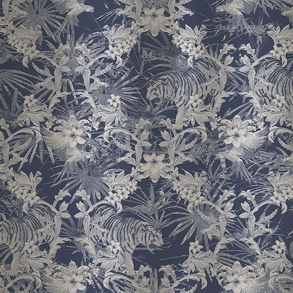 a dark blue background with a pattern of flowers and leaves
