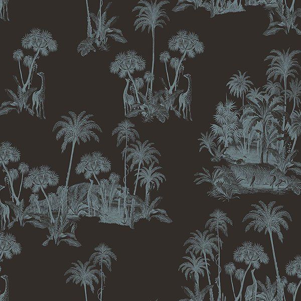 a seamless pattern of palm trees and giraffes on a black background