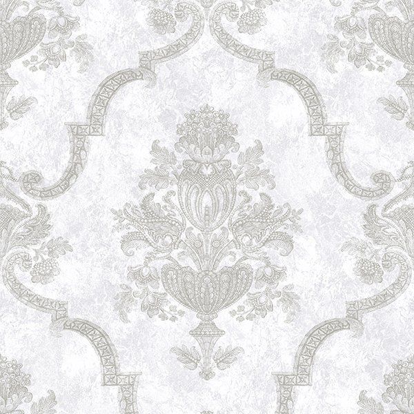 a white and gray wallpaper with a damask pattern on it .