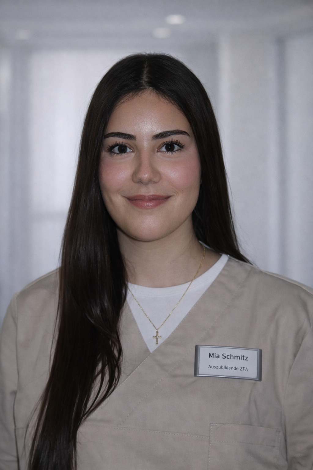 Eine Frau im lila OP-Kittel lächelt in die Kamera.