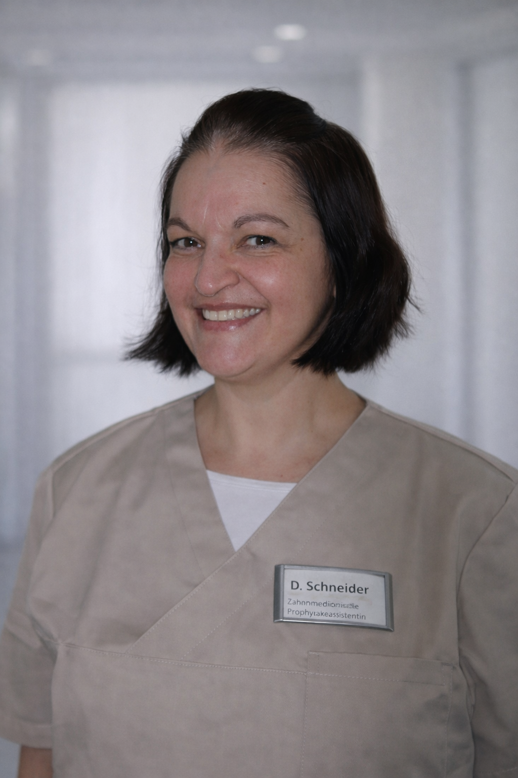 Eine Frau im lila OP-Kittel lächelt in die Kamera.