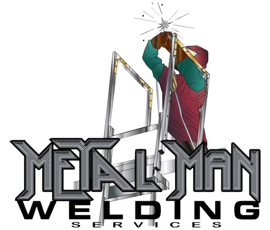 Metal Man Welding Services logo. Welder on a ladder, sparks flying.