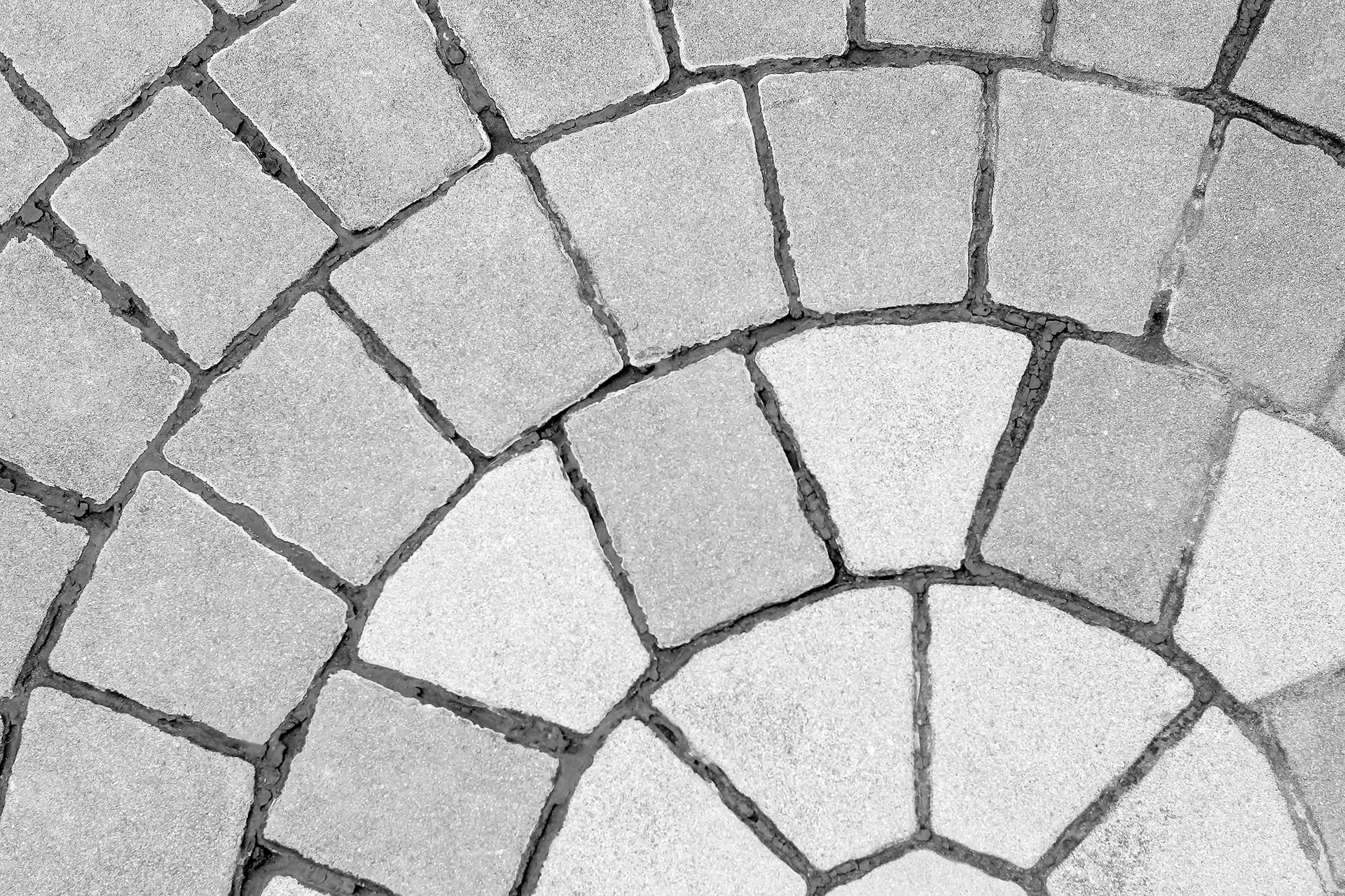 Black and white close-up of a cobblestone pathway arranged in curved sections, with visible grout between the stones.