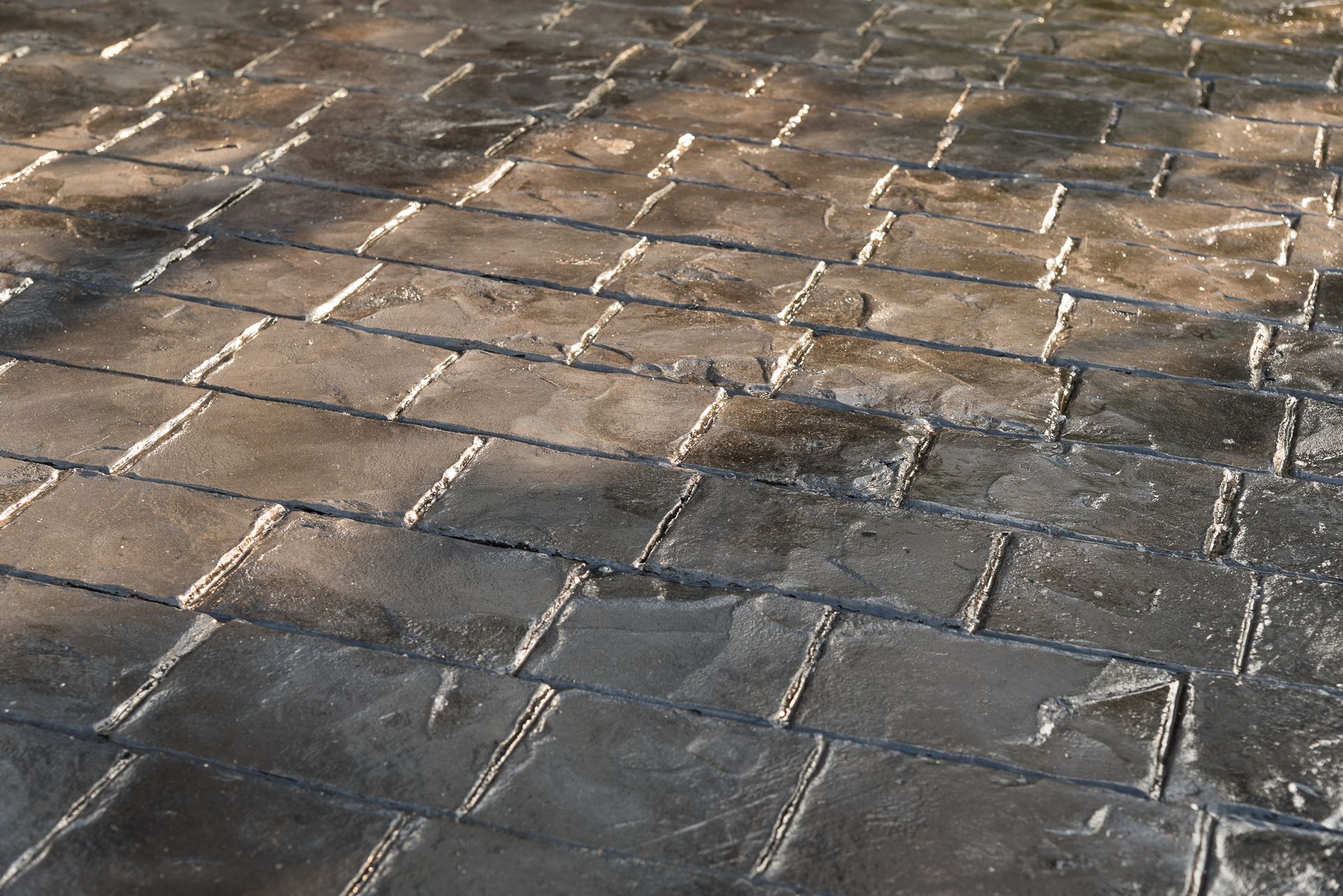 Stamped concrete paving, gray-brown, imitates brick pattern, wet, reflecting light.