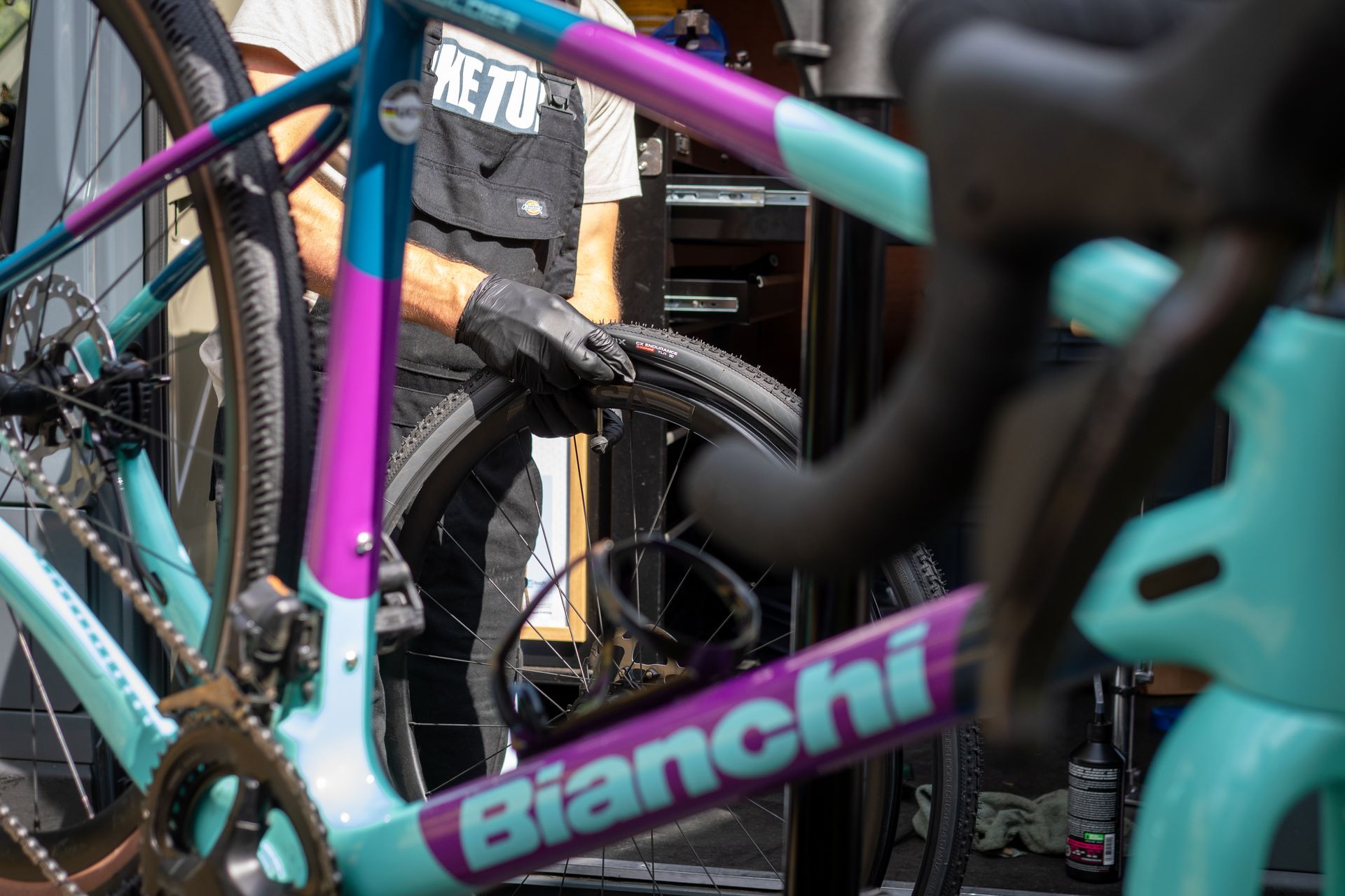 Bicycle repair: A person in a 