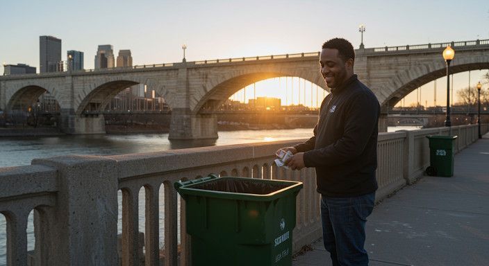 A Minneapolis resident smiling while throwing away a pack of cigarettes into an trash can near Stone Arch Bridge at sunrise.