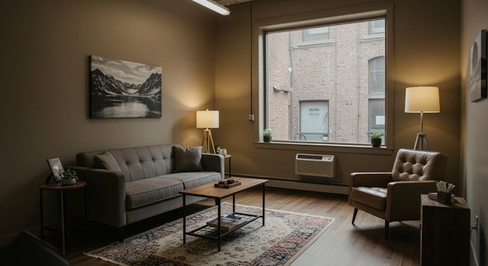 A cozy hypnosis office with a comfy couch on one side and a leather chair across the room in MN