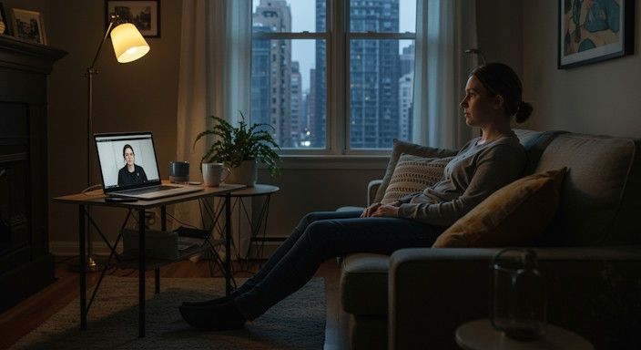 A hypnotist calmly guiding a client in a peaceful Minneapolis apartment during an online hypnosis session