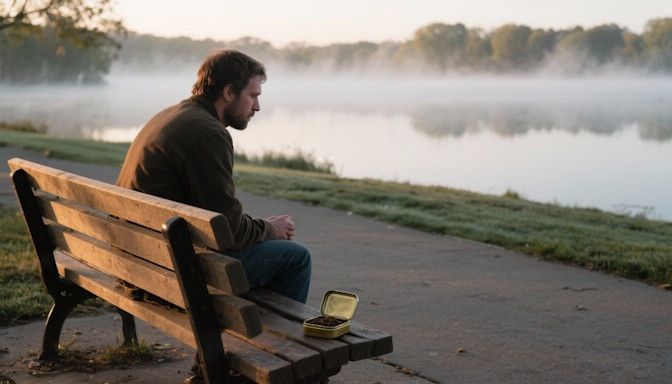 A man sitting on a park bench near Lake Bde Maka Ska, staring thoughtfully at an open tin of chewing tobacco beside him, morning mist rising from the water.