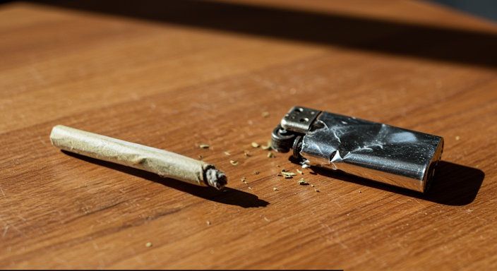 A marijuana joint placed on a wooden table beside a broken lighter, symbolizing quitting