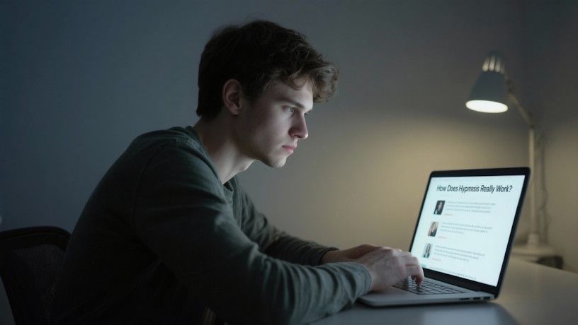 A young man sitting at his laptop late at night, reading about how hypnosis works with a skeptical but intrigued look