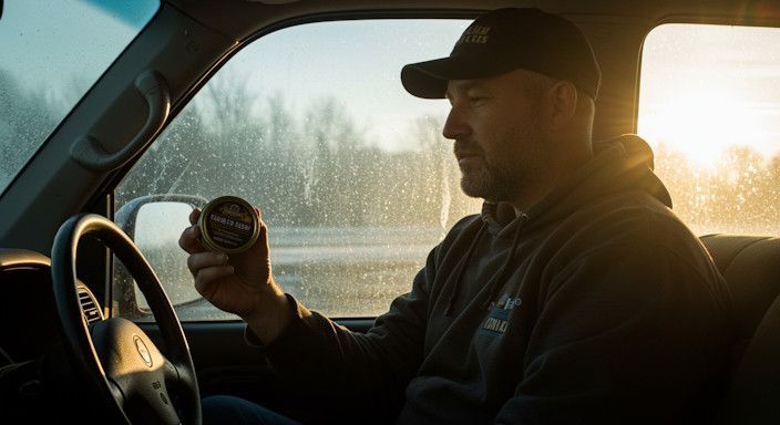 A man sitting in his truck on a cold Minnesota morning, window fogged up, looking at a chew tin in his hand with sunlight just breaking through the windshield.