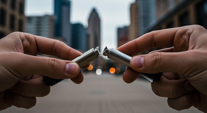 A close-up of a person breaking a vape pen in half on Nicollet Mall, with skyscrapers softly blurred in the background.