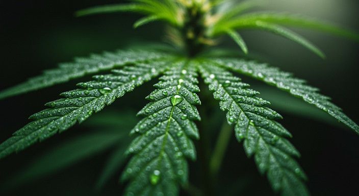 A realistic close-up of a marijuana leaf under sunlight, glistening dew drops, shot with macro lens, shallow depth of field, vivid green tones