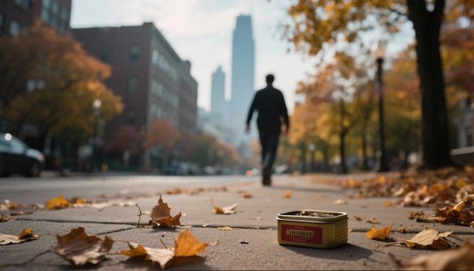 A tin of smokeless tobacco resting on a Minneapolis sidewalk under falling autumn leaves, as a person walks away having quit.