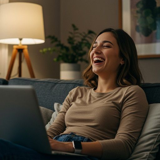 A woman laughing softly during a Zoom hypnosis session, feeling relaxed and surprised by how good she feels