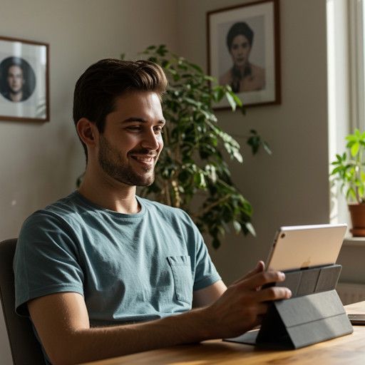 A young man in a bright home office, sitting upright with his iPad with a serene smile, listening intently during a video hypnosis session