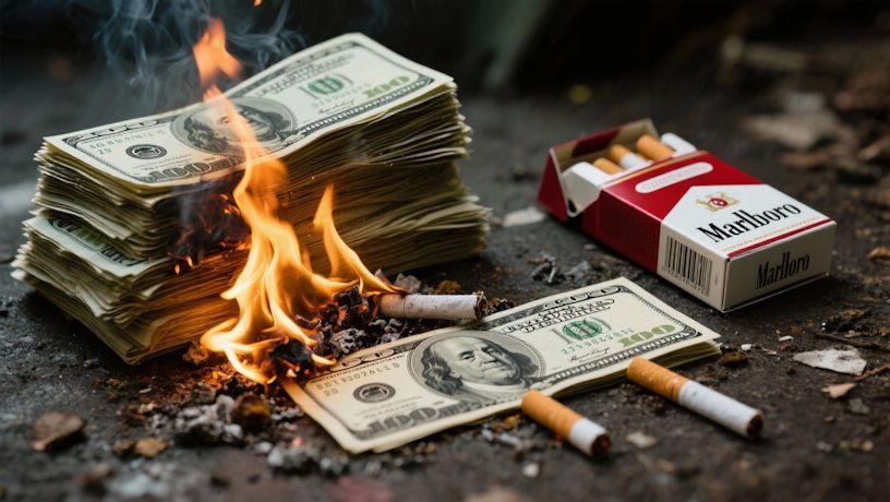pack of Marlboro cigarettes next to a stack of $100 bills being burned