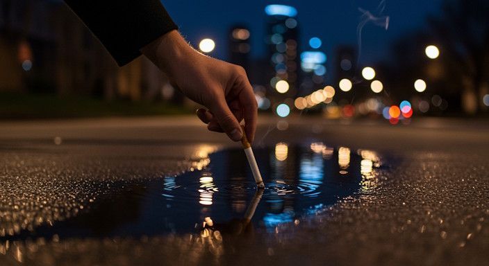 Close-up of a hand dropping a half-smoked cigarette into a puddle on a Minneapolis sidewalk after a light rain, with the city lights reflecting in the water — symbolizing letting go and renewal.