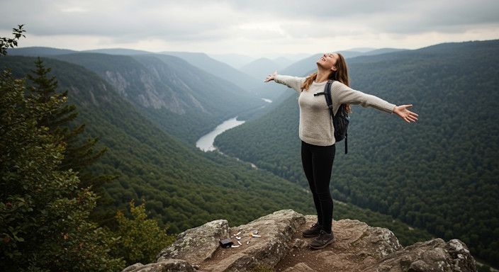 MN woman on top of a mountain quit smoking and is enjoying the mountain breeze with broken cigarettes below on the rocks