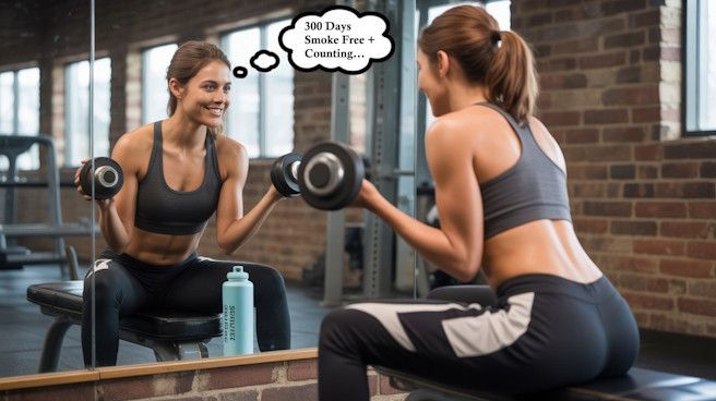 MN woman in the gym working out thankful she quit smoking with a thought bubble counting 300 days + smoke free