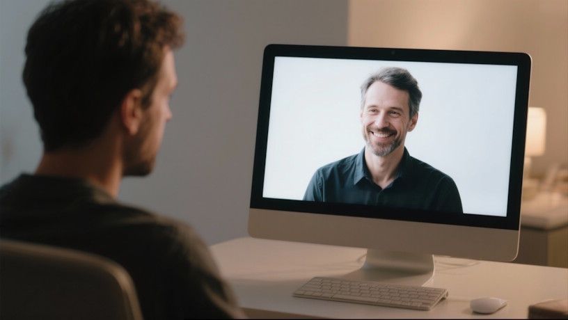 professional hypnotherapist smiling gently as a skeptical client sits at home in their office chair ready for the session