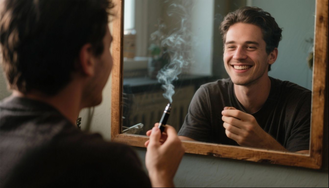 Person sitting in front of a mirror holding a vape pen, reflection shows them smiling confidently with no vape in hand