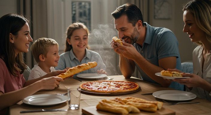 Dad and his family smelling delicious pizza at the kitchen table after he quit smoking in Minneapolis.