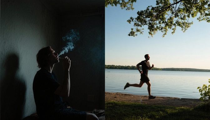 Someone vaping alone in a dark, lonely room; and the same person jogging by Lake Harriet looking energized and free