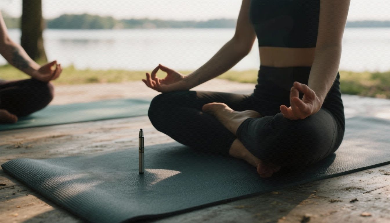 Yoga class near the Chain of Lakes, person in meditative pose with a vape pen beside them on a mat — symbol of leaving it behind