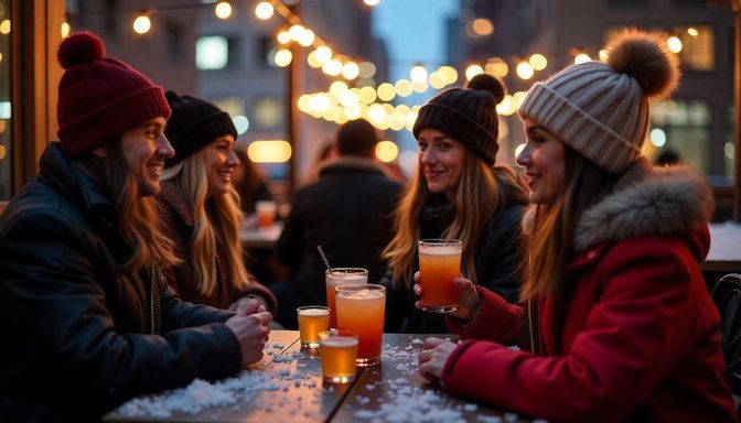 Young professionals on a Minneapolis rooftop patio in winter coats and hats, sipping hot toddies
