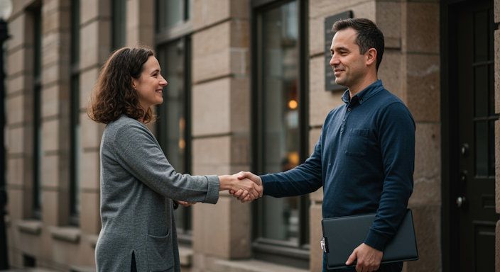 client and hypnotist shaking hands in Minneapolis showing community connection and accessibility