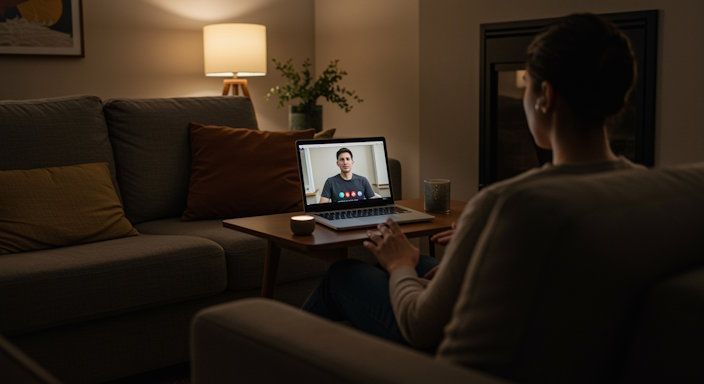 living room with a person on a video call participating in an online hypnosis session via laptop