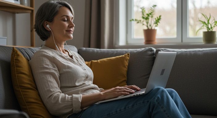 MN woman doing remote hypnosis with therapist over her tablet