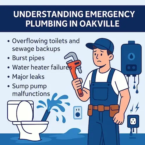 A digital illustration showing a plumber in blue overalls holding a wrench, looking concerned. To his left are five plumbing emergencies listed: overflowing toilets and sewage backups, burst pipes, water heater failures, major leaks, and sump pump malfunctions. Background elements include a leaking water heater, water puddles, and sparks near a flooded electrical outlet.