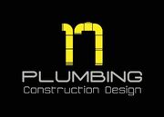 A logo for plumbing construction design on a black background