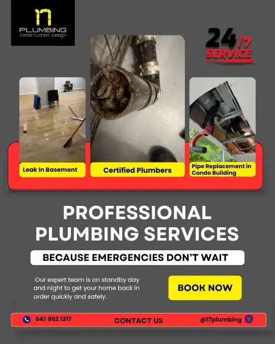 Plumbing service advertisement with images of plumbing issues and services offered.