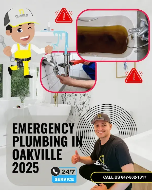 Emergency plumbing in Oakville 2025 cover photo showing clogged bathtub water, leaking sink repair, and 17 Plumbing technician providing 24/7 emergency service.