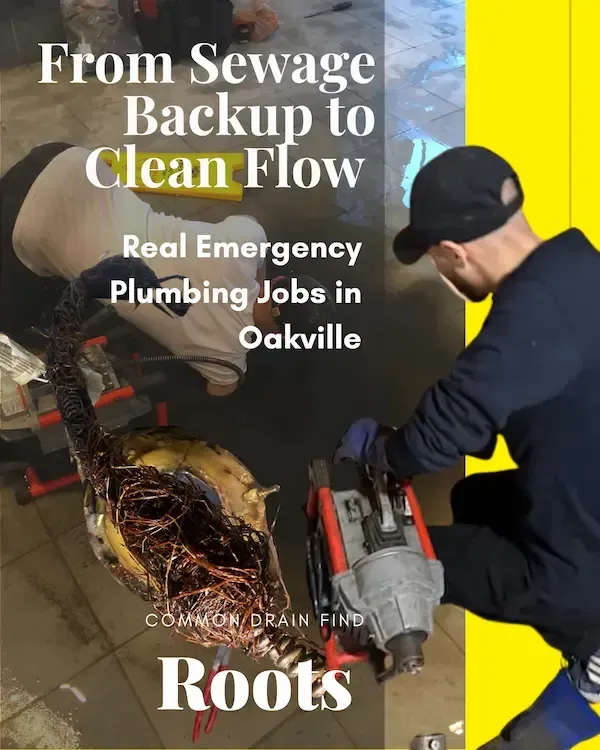 Emergency plumber Oakville clearing sewer backup with drain machine removing tree roots from clogged main drain line