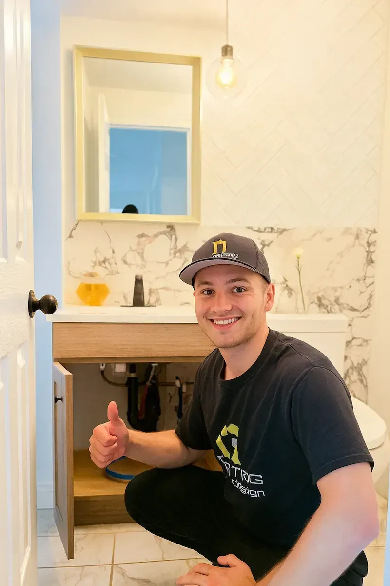plumber in cap gives a thumbs up in a renovated bathroom with a new vanity and marble backsplash.