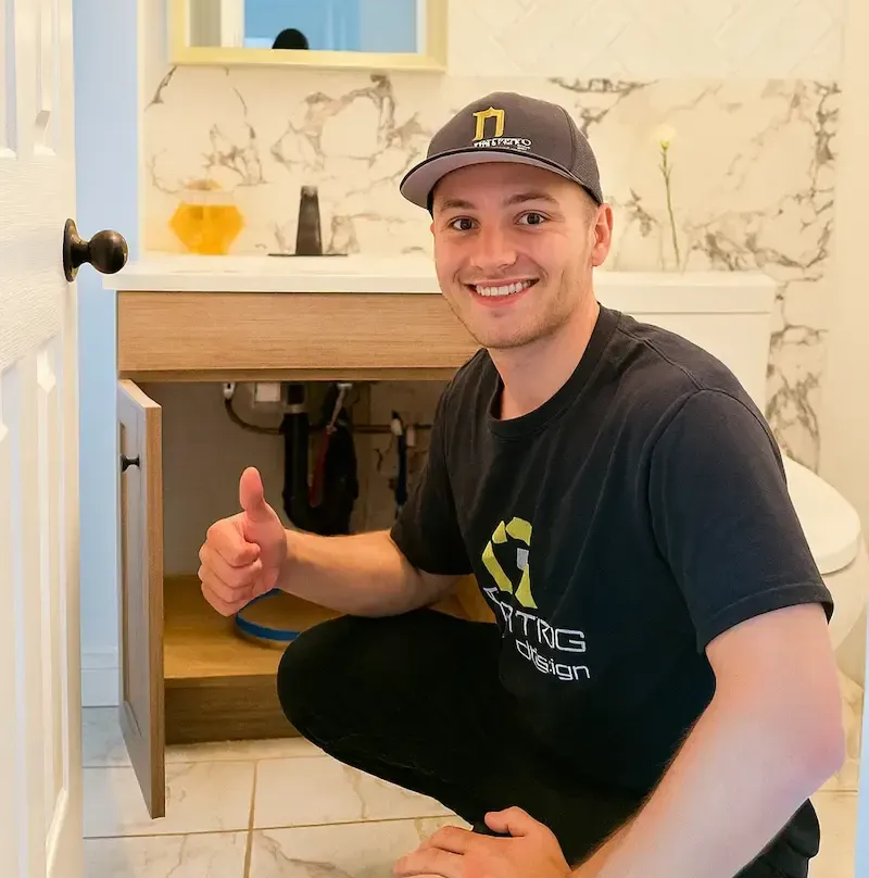Licensed Oakville emergency plumber posing in front of  vanity installation in Oakville