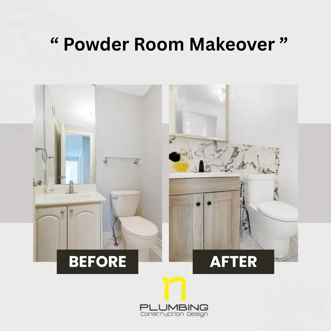Before-and-after powder room makeover in Oakville: the outdated vanity, mirror, and tile backsplash have been replaced by a custom wooden vanity with sensor faucet, modern tiled backsplash, premium toilet, freshly painted door and baseboards, and upgraded lighting for a stylish, elegant finish.