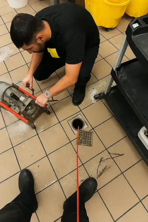 Emergency plumber in Oakville clearing sewer backup from floor drain using professional drain auger machine.