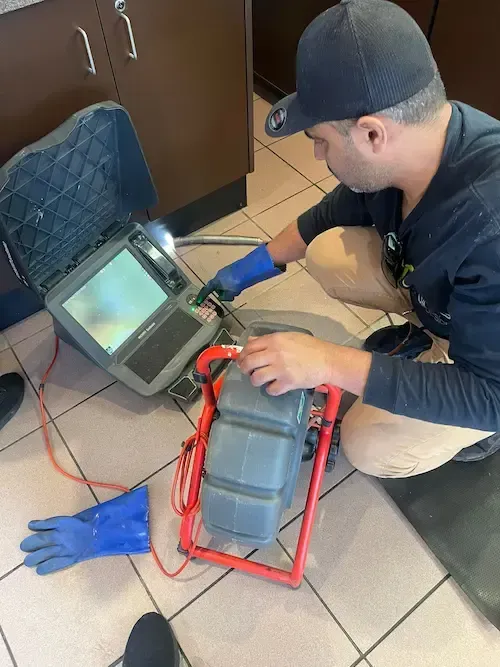 Licensed Oakville plumber performing professional drain camera inspection during free drain inspecti