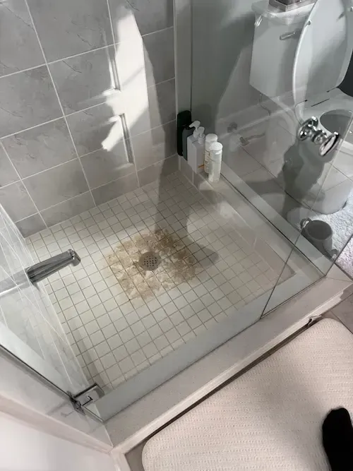 Shower drain backing up with dirty water from severe drain clog in Oakville bathroom