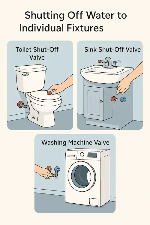 Three instructional illustrations showing how to shut off water to individual fixtures: a hand turning the toilet shut-off valve behind the base, a hand adjusting the hot and cold sink valves under a bathroom cabinet, and a hand turning red and blue valves behind a washing machine.