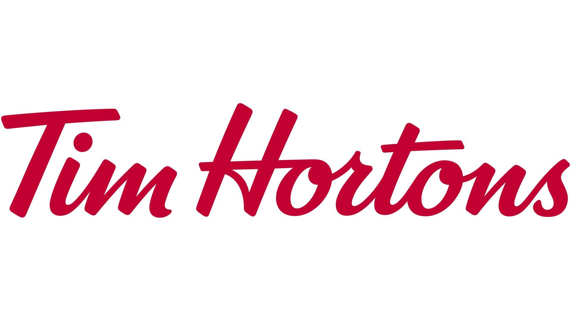 Tim Hortons logo in red cursive script on a white background.